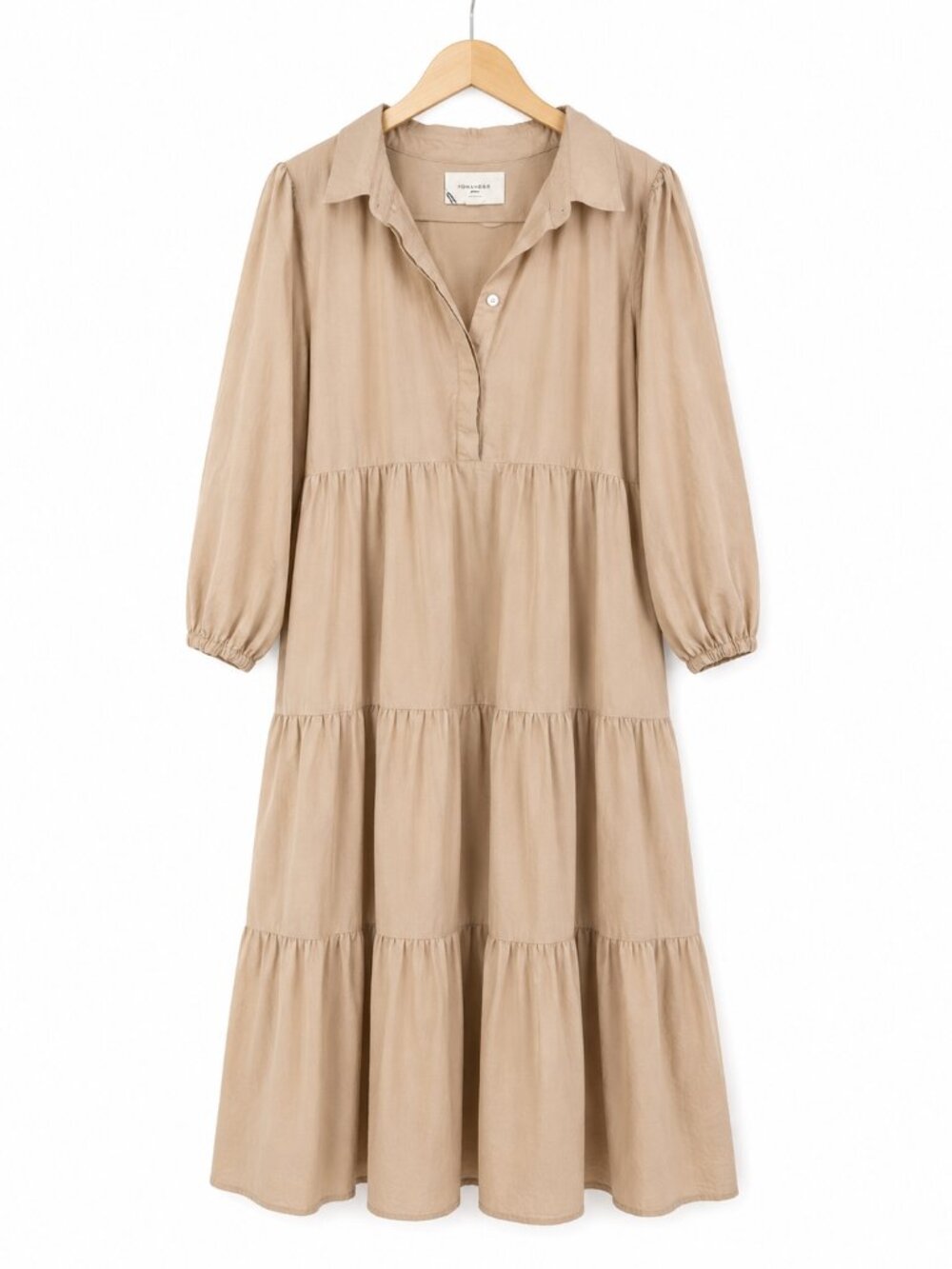 Pomander Place Beige Tiered Midi Shirt Dress